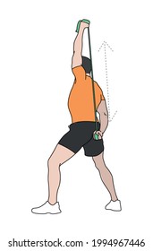Isolated fit muscle man standing training back, triceps and arms with an elastic. Gym, fitness. Flat style vector illustration.