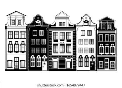 Isolated five european houses; old town; black and white