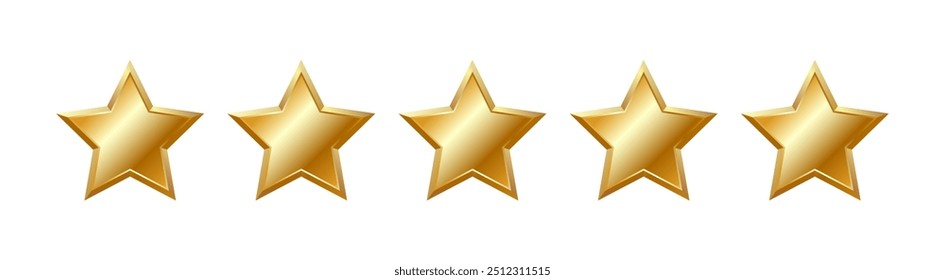 Isolated five gold star with metallic effect. 5 elements for Awards, medals, rating designation, hotels status on a transparent background. Customer feedback, review. Vector EPS10