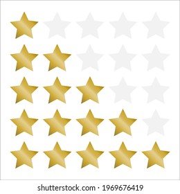 Isolated five Stars rating tag. Customer feedback  1, 2, 3, 4, 5 template. Gold color vector illustrator.