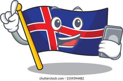 Isolated flag iceland with holding phone happy