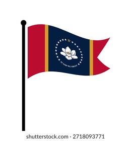 Isolated flag of Mississippi us state vector illustration. Fluttering America Mississippi flag. Mississippi United States flagpole flag.