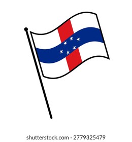 Isolated flag of Netherlands Antilles vector illustration. Fluttering Netherlands Antilles flag. Netherlands Antilles flagpole flag.