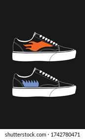 isolierte Flammen und Wellen Design Schuhe in dunklem Hintergrund Vektorbild Illustrationsstock. Verwendung für Logo und Hemd Vintage und Retro-Design.