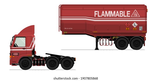 Isolated flammable semi trailer truck on white background