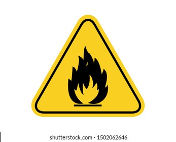 isolated flammable substance, common hazards symbols on yellow round triangle board warning sign for icon, label, logo or package industry etc. flat style vector design.