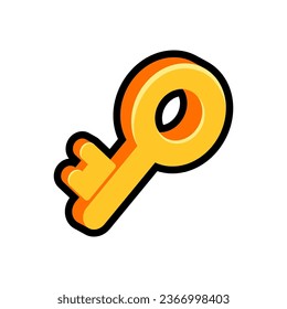 Isolated flat 3d gold key icon for game, interface, sticker, app. The sign in a cartoon style for match 3, arcade, rpg. The sprite for craft element in hyper casual mobile game