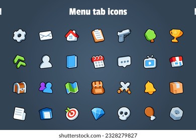 Isolated flat 3d menu tab navigation icons for game, interface, sticker, app. The sign in a cartoon style for match 3, arcade, rpg. The sprite for craft element in hyper casual mobile game