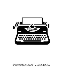 Isolated flat black vector silhouette of a classic typewriter with a paper sheet on a transparent background. Minimalistic design for creative projects.