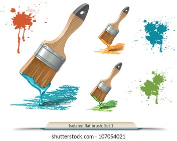 Isolated flat brush and spots of paint. Set 1