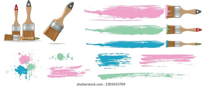 Isolated flat brushes with strokes and spots of paint 