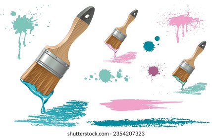 Isolated flat brushes with strokes and spots of paint 
