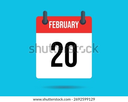 An isolated flat calendar icon displays February as the month and highlights the 20th as the specific date, all against a vivid cyan backdrop.