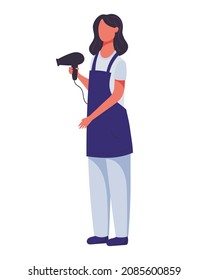 Isolated flat cartoon illustration of a master in a beauty salon. Woman hairdresser in an apron holds a hairdryer.