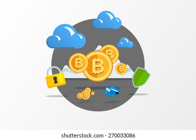 Isolated flat color vector illustration on light background. Visualization concept electronic commerce, mining Bitcoin. Cloud technology. Virtual money. Elements for infographics. Earnings in network.