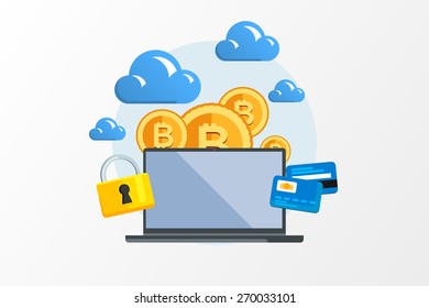 Isolated flat color vector illustration on light background. Visualization concept electronic commerce, mining Bitcoin. Cloud technology. Virtual money. Elements for infographics. Earnings in network.