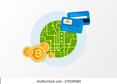 Isolated flat color vector illustration on light background. Visualization concept electronic commerce, mining Bitcoin. Cloud technology. Virtual money. Elements for infographics. Earnings in network