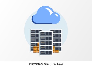 Isolated flat color vector illustration on light background. Visualization concept electronic commerce, mining Bitcoin. Cloud technology. Virtual money. Elements for infographics. Earnings in network