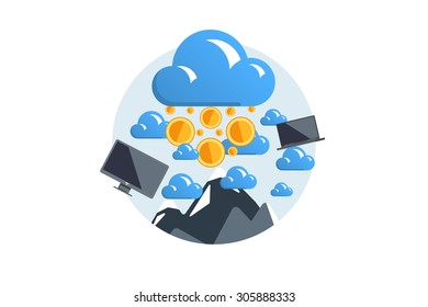Isolated flat color vector illustration on light background. Visualization concept electronic commerce, mining Bitcoin. Cloud technology. Virtual money. Elements for infographics. Earnings in network.