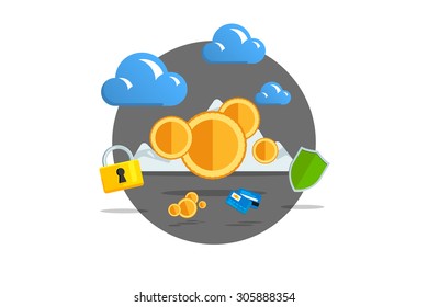 Isolated flat color vector illustration on light background. Visualization concept electronic commerce, mining Bitcoin. Cloud technology. Virtual money. Elements for infographics. Earnings in network.
