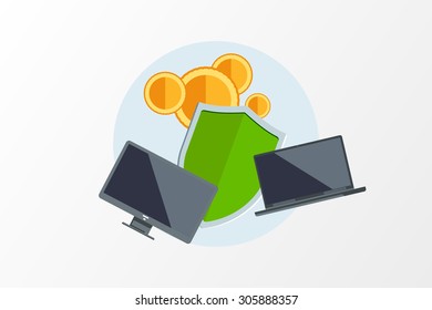 Isolated flat color vector illustration on light background. Visualization concept electronic commerce, mining Bitcoin. Cloud technology. Virtual money. Elements for infographics. Earnings in network.