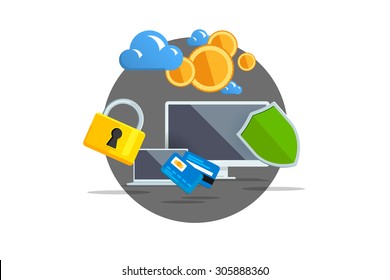 Isolated flat color vector illustration on light background. Visualization concept electronic commerce, mining Bitcoin. Cloud technology. Virtual money. Elements for infographics. Earnings in network.