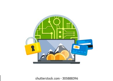 Isolated flat color vector illustration on light background. Visualization concept electronic commerce, mining Bitcoin. Cloud technology. Virtual money. Elements for infographics. Earnings in network.