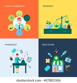 Isolated flat conceptual pharmacy icon set with various medical devices and methods of drug application vector illustration
