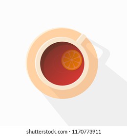 Isolated flat cup of tea with lemon slice inside. Minimalistic cup of tea with long shadow on white background. View from above. Vector illustration.