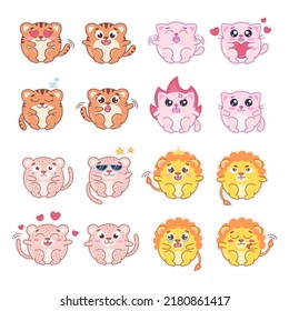 Isolated flat cute Emoji emoticons. Set of vector animals with emotions. Cartoon feline view, tiger, lion, panther, cat for print, children development.