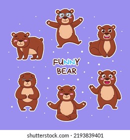 Isolated flat cute stickers. Bears with emotions. Set of vector wild animals. Cartoon animals for print, books, children development.