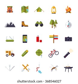 Isolated flat design camping, hiking and outdoor pursuit vector icon set. Collection of 25 rural vacation related color symbols on white background