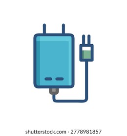 Isolated flat design cartoon wall heater with a plug on a black background. The object is blue and minimalistic.