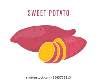 Ilustración de diseño plano aislado con batatas enteras y cortadas, mostrando su piel morada y pulpa de naranja