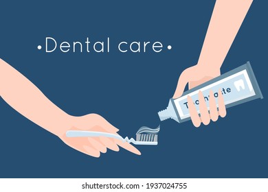 Ilustración de diseño plana aislada. Cepillo de dientes y pasta dental cerca. Extraiga a mano la pasta dental del tubo del cepillo de dientes. Concepto de cuidado dental.