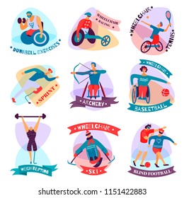 Isolated and flat disabled people sport emblem set with dumbbell exercises wheelchair racing tennis ski basketball and other descriptions vector illustration