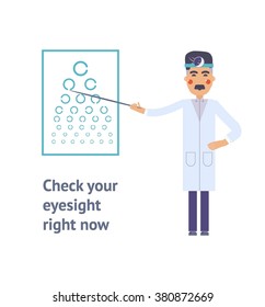 Isolated flat doctor character design with Medical Icons Set. medicine background with eyesight testing doctor. Design elements - vector illustration