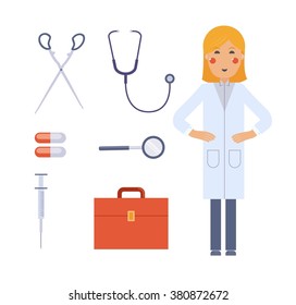 Isolated flat doctor character design with Medical Icons Set. medicine background with eyesight testing doctor. Design elements - vector illustration