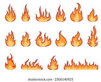 Isolated flat fire flame. Heat fires, hot cartoon logo elements. Heating collection, forest wildfire decorative abstract decent vector symbols