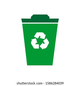 Isolated flat green trash can icon with white recycling sign
