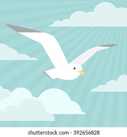 Isolated flat gull with clouds on blue ski background. modern design. vector illustration EPS8