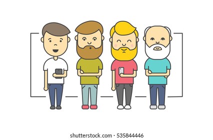 Isolated flat hipster men different ages with beard using smartphone. Vector design illustration