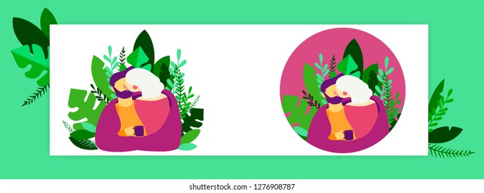 Isolated flat icons with a pair wrapped in a blanket. With green tropical leaves on a background. Vector illustration