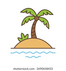Isolated flat linear icon showing a small tropical island with sand, a palm tree, a small bush, and peaceful ocean waves. It has a transparent background.