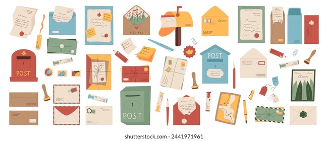 Isolated flat mail, letters and mailboxes set illustration, creative style handwritten letter with stamp and address, cartoon greeting postcard design, craft paper envelope and stationery collection.