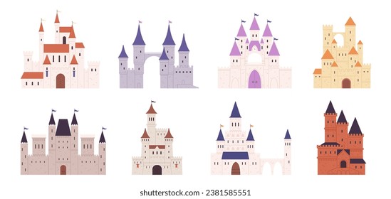 Isolated flat medieval castles. Fortresses, castle and towers collection. Cartoon king houses, fairytale buildings. Fantasy architecture racy vector elements