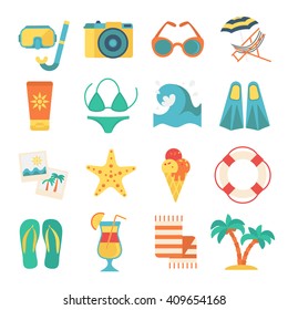 Isolated flat set with colorful  elements of beach rest and activity vector illustration