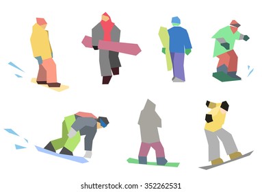 Isolated flat silhouettes snowboarders. Stock vector illustration
