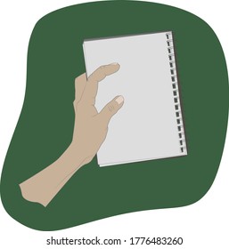 isolated flat style illustration, left hand holding open blank notebook with metal grey binding, with white sheets, on green background