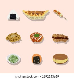 Isolated flat style Japanese foods set : on sakura pink pastel background clip art, cartoon